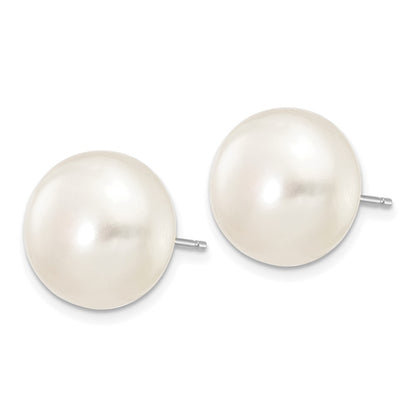 10K White Gold 12-13mm Button Freshwater Cultured Pearl Stud Post Earrings