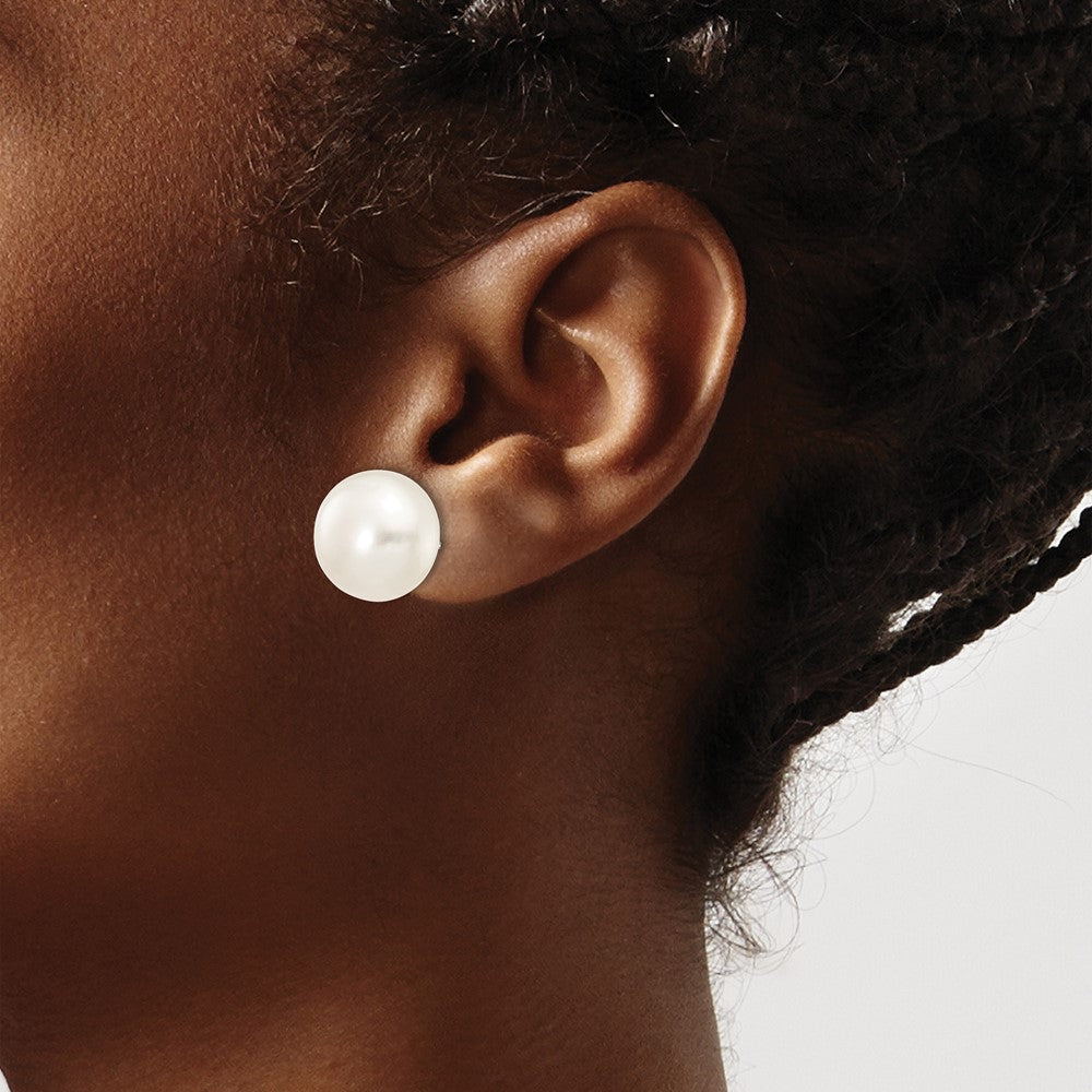 10K White Gold 12-13mm Button Freshwater Cultured Pearl Stud Post Earrings