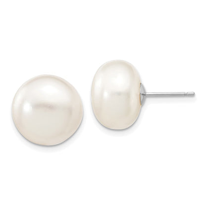 10K White Gold 12-13mm Button Freshwater Cultured Pearl Stud Post Earrings
