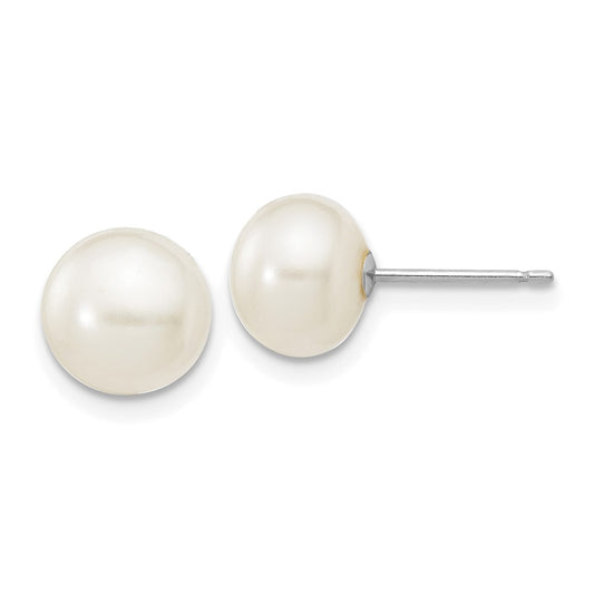 10K White Gold 7-8mm Button Freshwater Cultured Pearl Stud Post Earrings