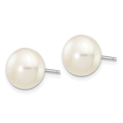 10K White Gold 8-9mm Button Freshwater Cultured Pearl Stud Post Earrings