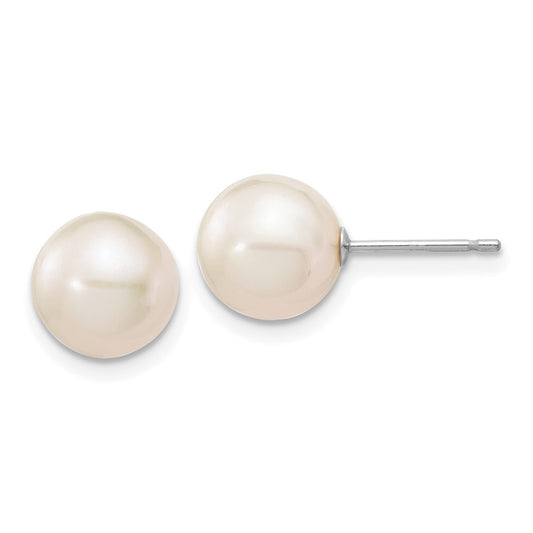 10K White Gold 8-9mm Round Freshwater Cultured Pearl Stud Post Earrings