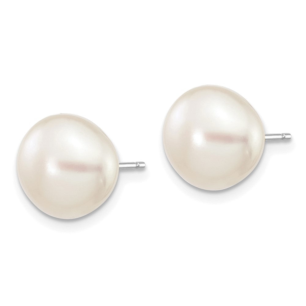 10K White Gold 9-10mm Button Freshwater Cultured Pearl Stud Post Earrings