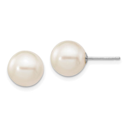 10K White Gold 9-10mm Round Freshwater Cultured Pearl Stud Post Earrings