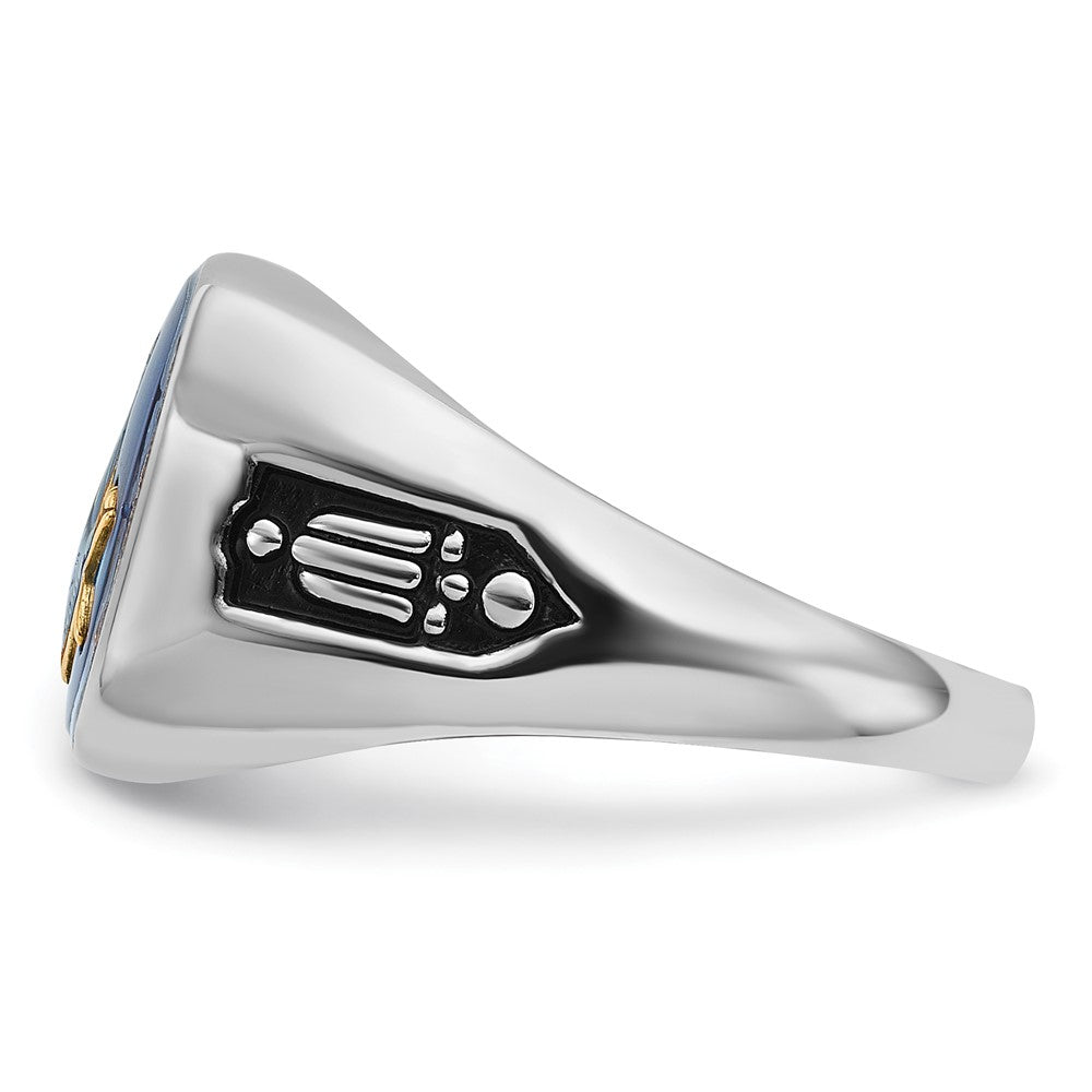 10K White Gold Men'S Polished And Grooved With Black Enamel Imitation Blue Spinel Masonic Ring