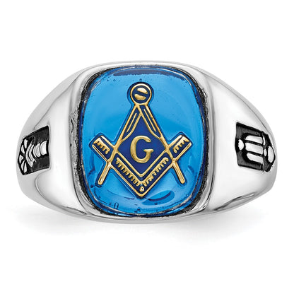 10K White Gold Men'S Polished And Grooved With Black Enamel Imitation Blue Spinel Masonic Ring