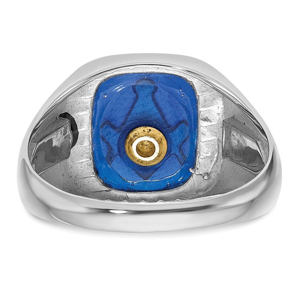 10K White Gold Men'S Polished And Grooved With Black Enamel Imitation Blue Spinel Masonic Ring