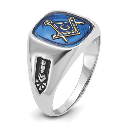 10K White Gold Men'S Polished And Grooved With Black Enamel Imitation Blue Spinel Masonic Ring
