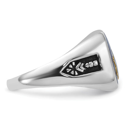 10K White Gold Men'S Polished And Grooved With Black Enamel Imitation Blue Spinel Masonic Ring