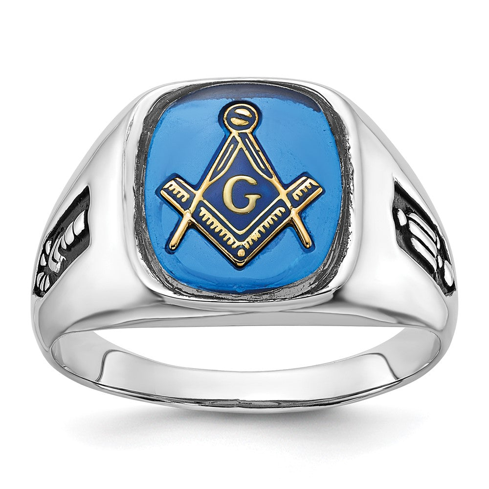 10K White Gold Men'S Polished And Grooved With Black Enamel Imitation Blue Spinel Masonic Ring