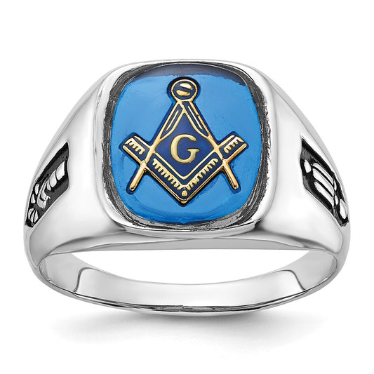 10K White Gold Men'S Polished And Grooved With Black Enamel Imitation Blue Spinel Masonic Ring