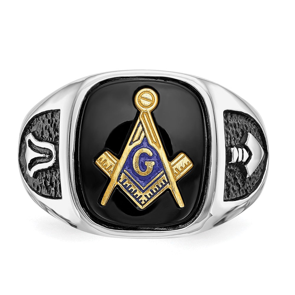 10K White Gold And Gold-Plated Polished Textured With Black Enamel Onyx Masonic Ring