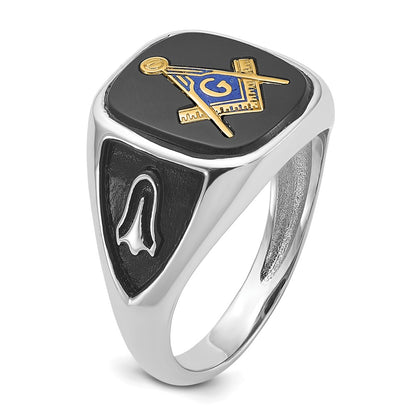 10K White Gold And Gold-Plated Polished Textured With Black Enamel Onyx Masonic Ring