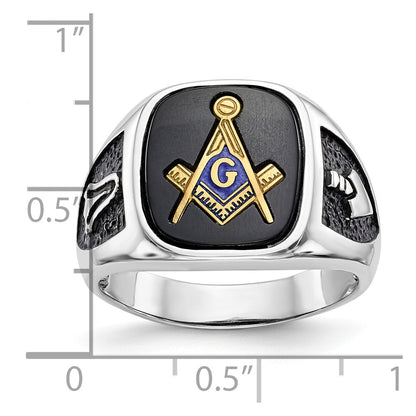 10K White Gold And Gold-Plated Polished Textured With Black Enamel Onyx Masonic Ring