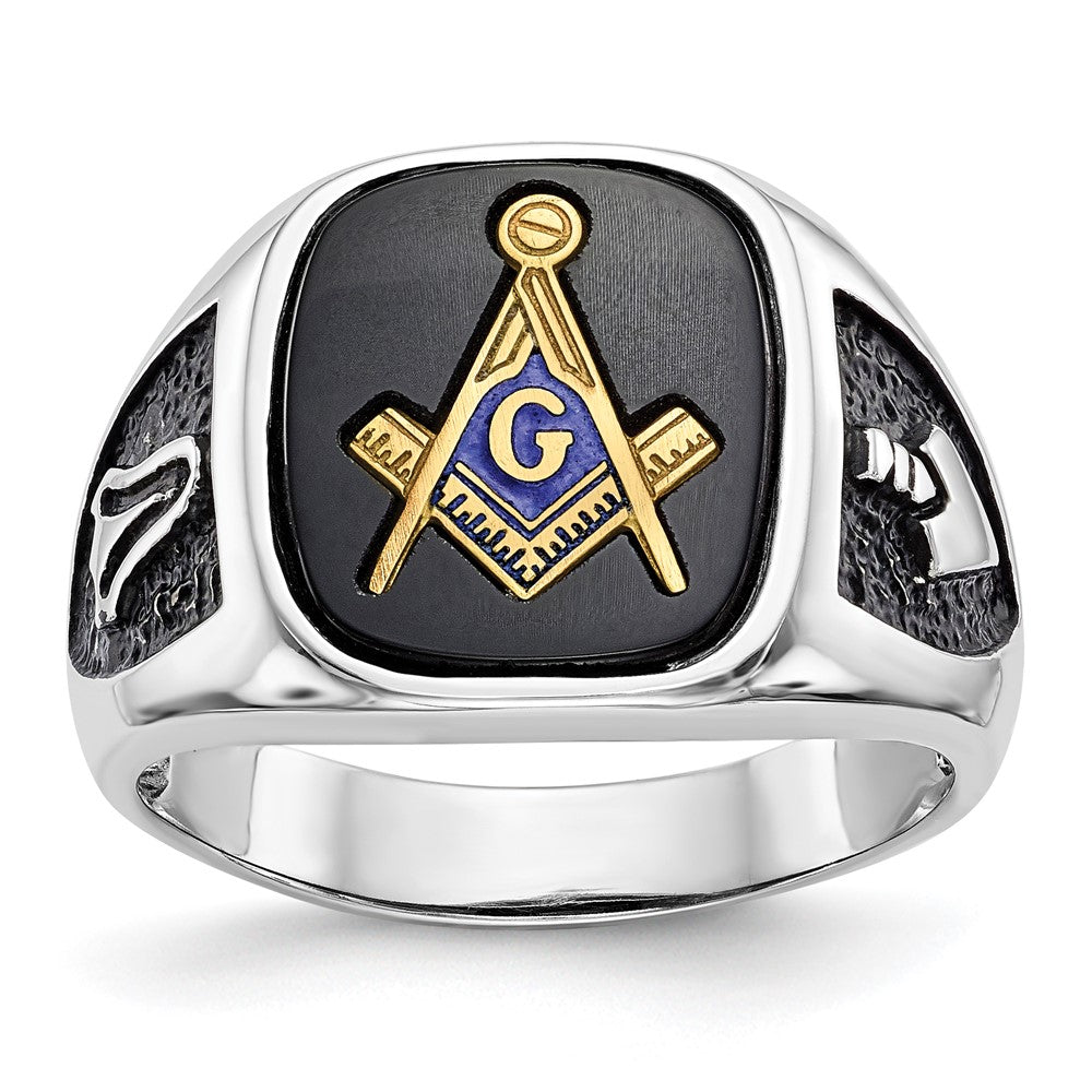10K White Gold And Gold-Plated Polished Textured With Black Enamel Onyx Masonic Ring