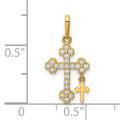 10K Yellow Gold Cz Budded Cross W/Cross Dangle Pendant