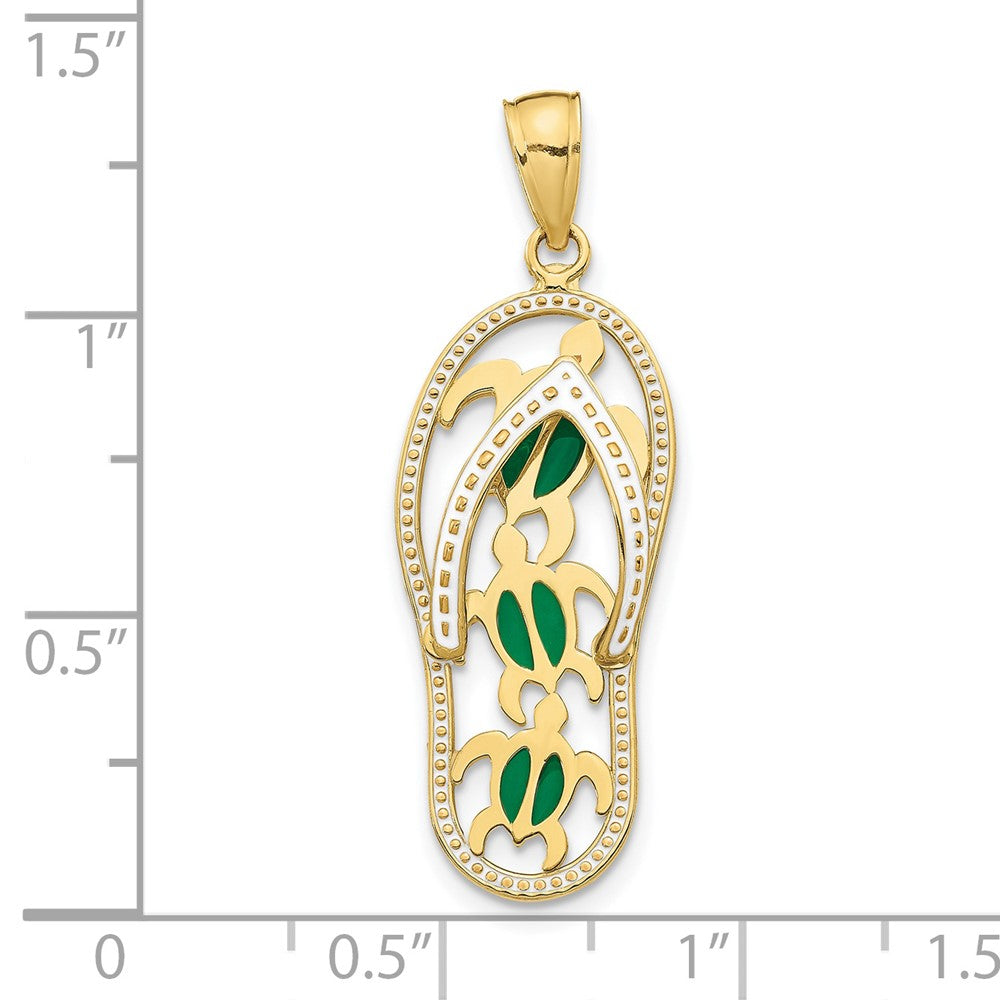 10K Yellow Gold 10K Enamel Cut-Out Flip Flop W/ Sea Turtles Pendant