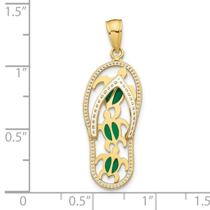 10K Yellow Gold 10K Enamel Cut-Out Flip Flop W/ Sea Turtles Pendant