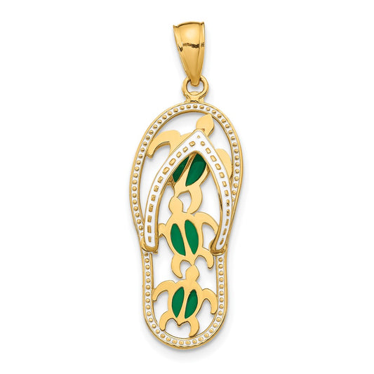 10K Yellow Gold 10K Enamel Cut-Out Flip Flop W/ Sea Turtles Pendant