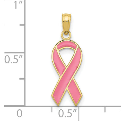 10K Yellow Gold Pink Enameled Awareness Ribbon Pendant