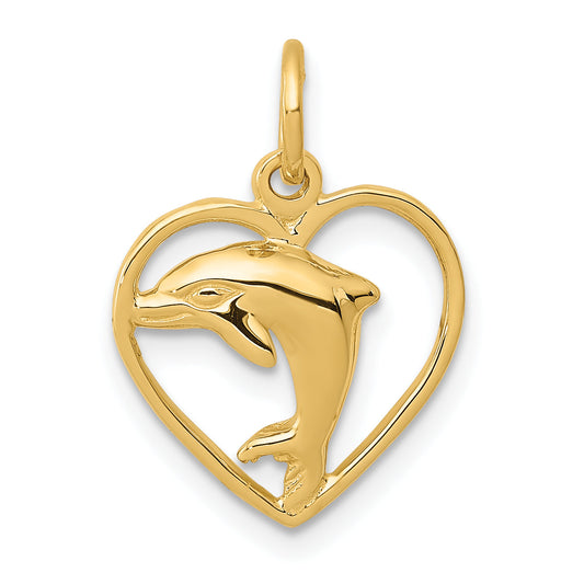 10K Yellow Gold Dolphin In Heart Charm