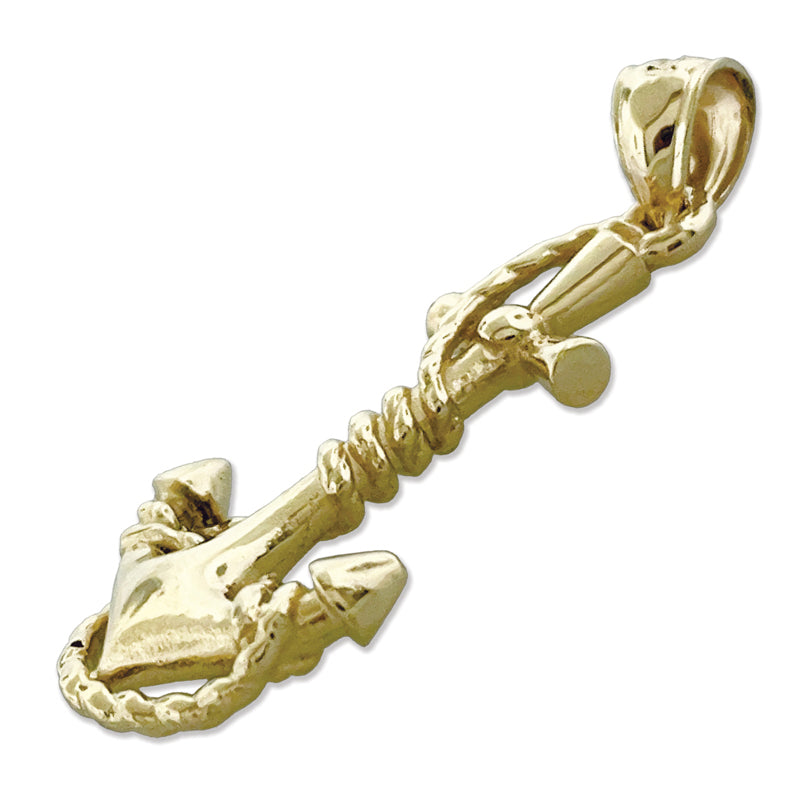 14K Gold 3D Nautical Ship Anchor &amp; Rope Pendant
