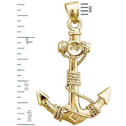 14K Gold 3D Ship Anchor and Sailor Rope Pendant