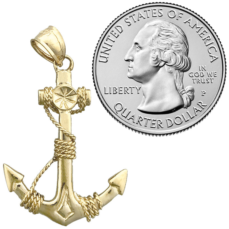 14K Gold 3D Ship Anchor and Sailor Rope Pendant