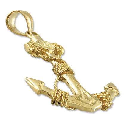 14K Gold 3D Ship Anchor and Sailor Rope Pendant