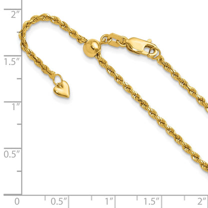 22 Inch 14K Adjustable 2mm D/C Rope Chain Necklace