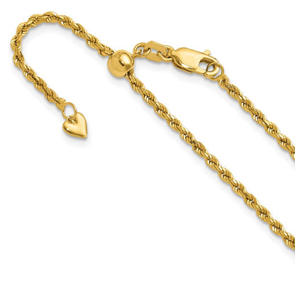 22 Inch 14K Adjustable 2mm D/C Rope Chain Necklace