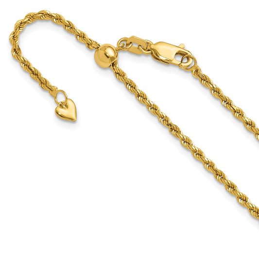 22 Inch 14K Adjustable 2mm D/C Rope Chain Necklace