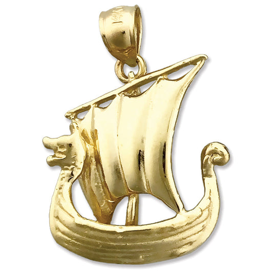 14K Gold 3D Viking Sail Ship Pendant