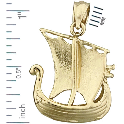 14K Gold 3D Viking Sail Ship Pendant