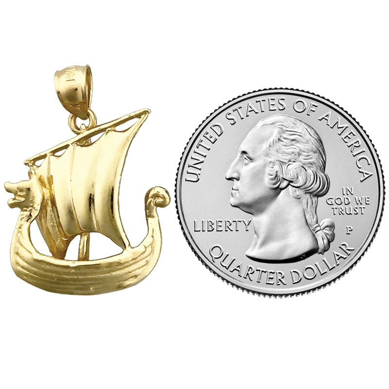 14K Gold 3D Viking Sail Ship Pendant