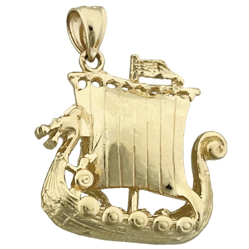 14K Gold 3D Viking Sailing Ship Pendant