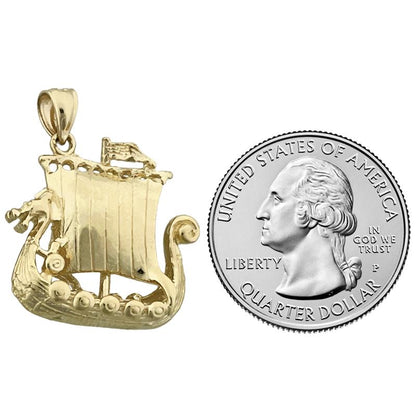 14K Gold 3D Viking Sailing Ship Pendant