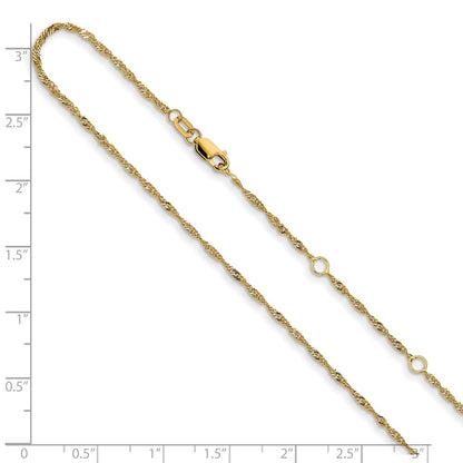 18 Inch 14K Yellow Gold 1.5mm Singapore 1In+1In Adjustable Chain Necklace