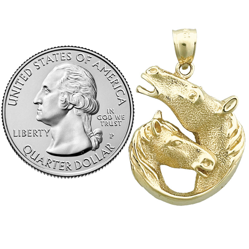 14K Gold 24MM Double Horse Head Pendant