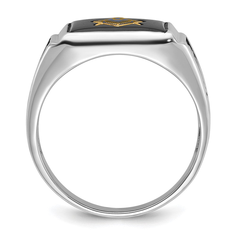 10K White Gold Men'S Polished And Textured With Black Enamel Onyx Masonic Ring