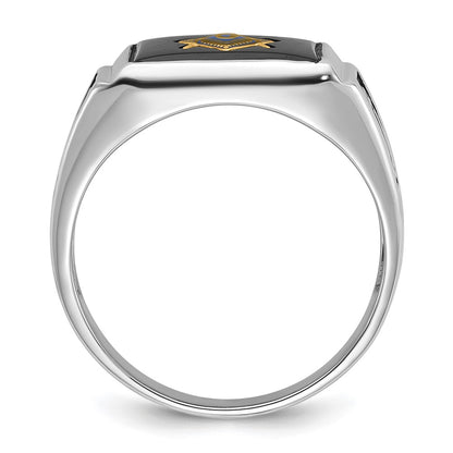 10K White Gold Men'S Polished And Textured With Black Enamel Onyx Masonic Ring
