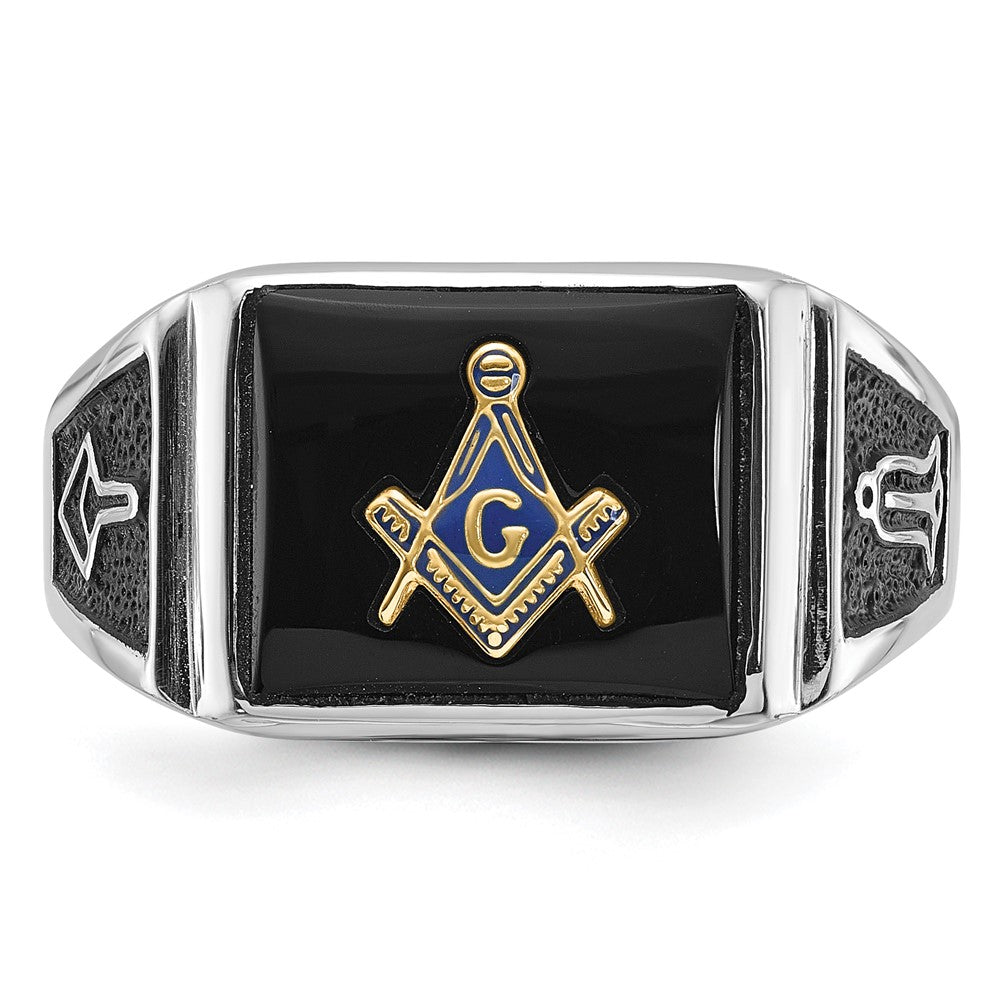 10K White Gold Men'S Polished And Textured With Black Enamel Onyx Masonic Ring