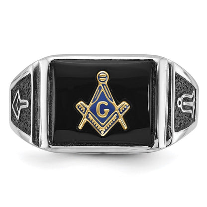 10K White Gold Men'S Polished And Textured With Black Enamel Onyx Masonic Ring