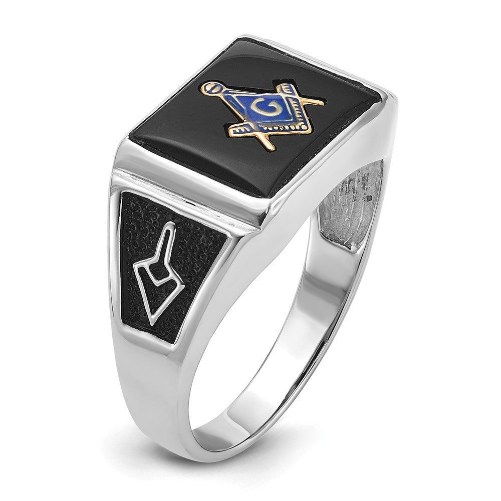 10K White Gold Men'S Polished And Textured With Black Enamel Onyx Masonic Ring