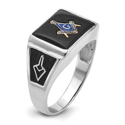 10K White Gold Men'S Polished And Textured With Black Enamel Onyx Masonic Ring