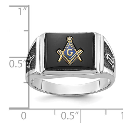 10K White Gold Men'S Polished And Textured With Black Enamel Onyx Masonic Ring