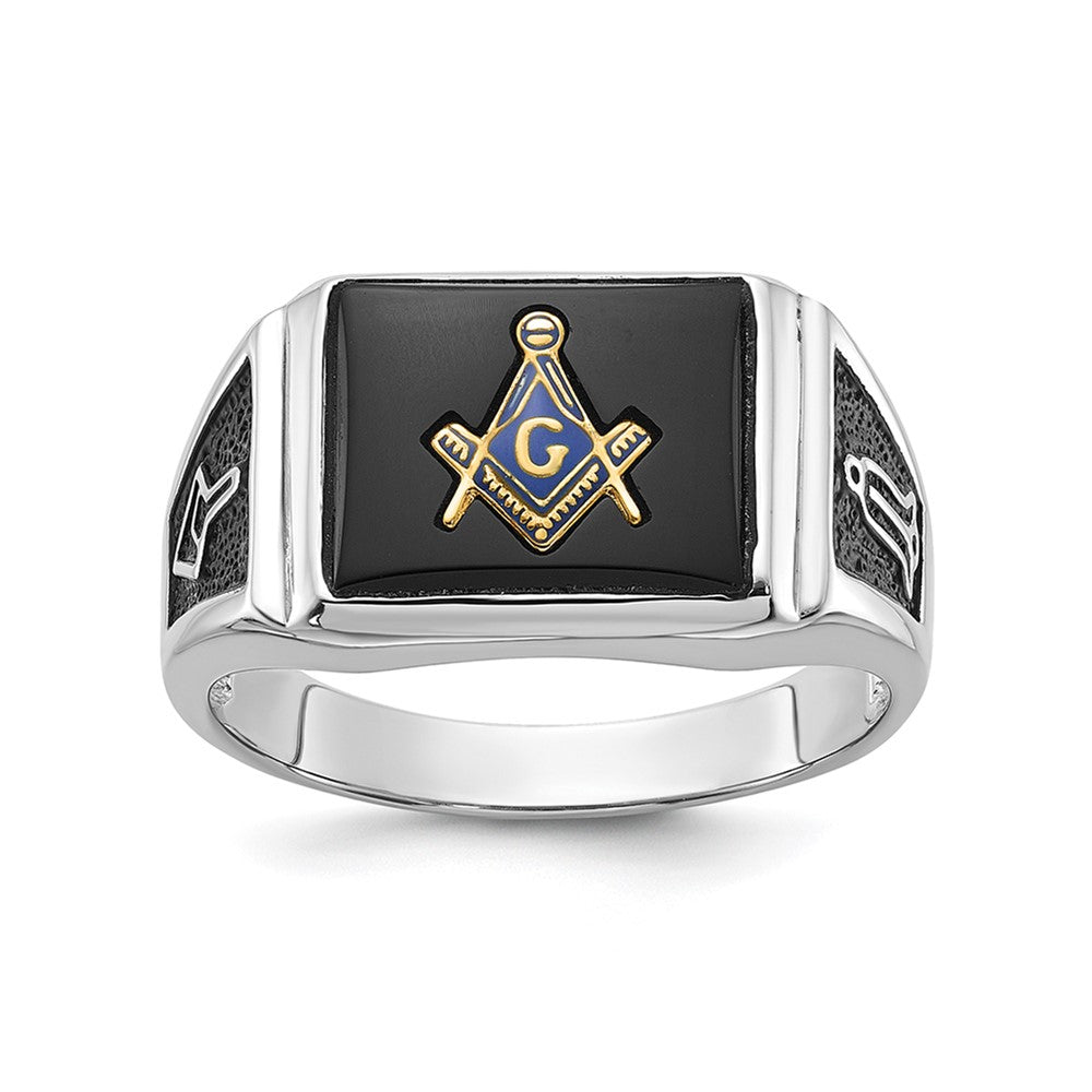 10K White Gold Men'S Polished And Textured With Black Enamel Onyx Masonic Ring
