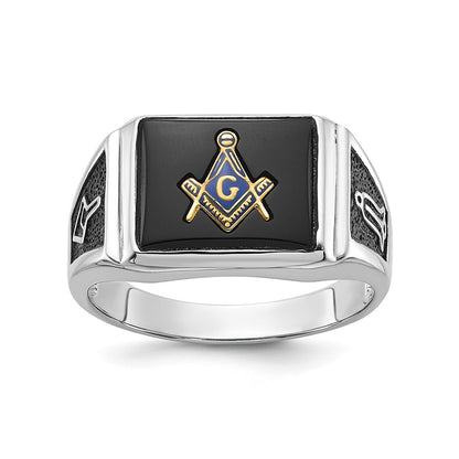 10K White Gold Men'S Polished And Textured With Black Enamel Onyx Masonic Ring