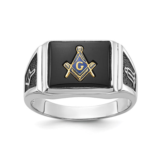 10K White Gold Men'S Polished And Textured With Black Enamel Onyx Masonic Ring