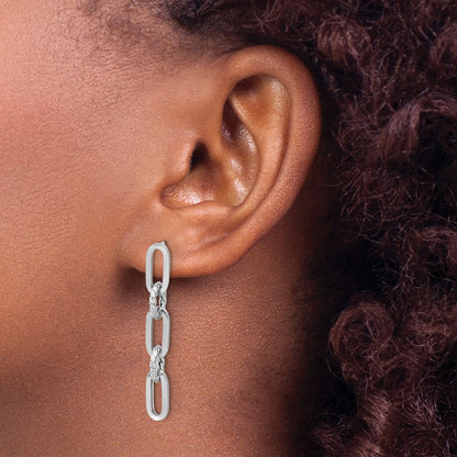 14K White Gold Polished and Textured Chain Link Dangle Post Earrings